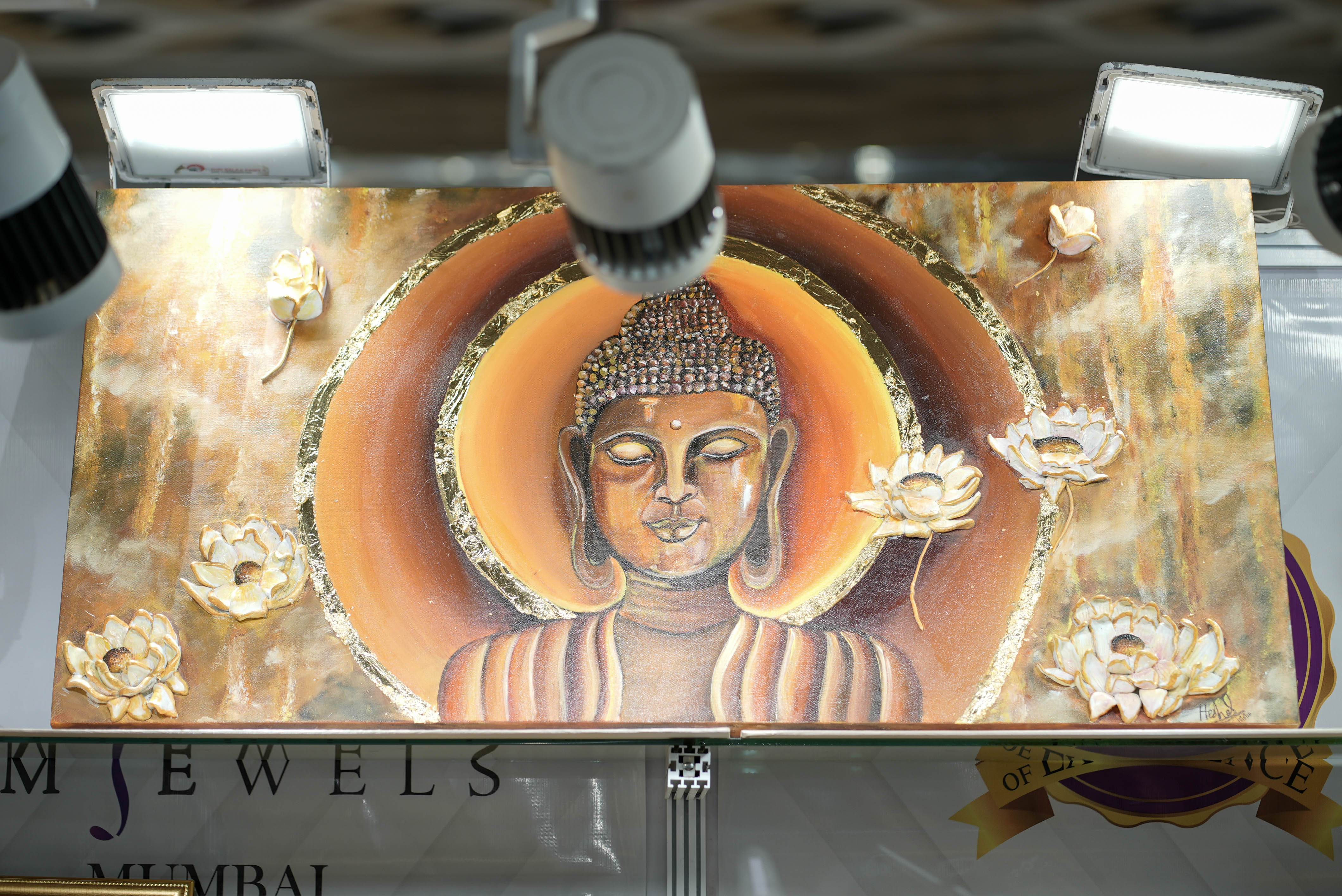 Buddha painting with gold leaf and lotus flowers by Hesha Sheth